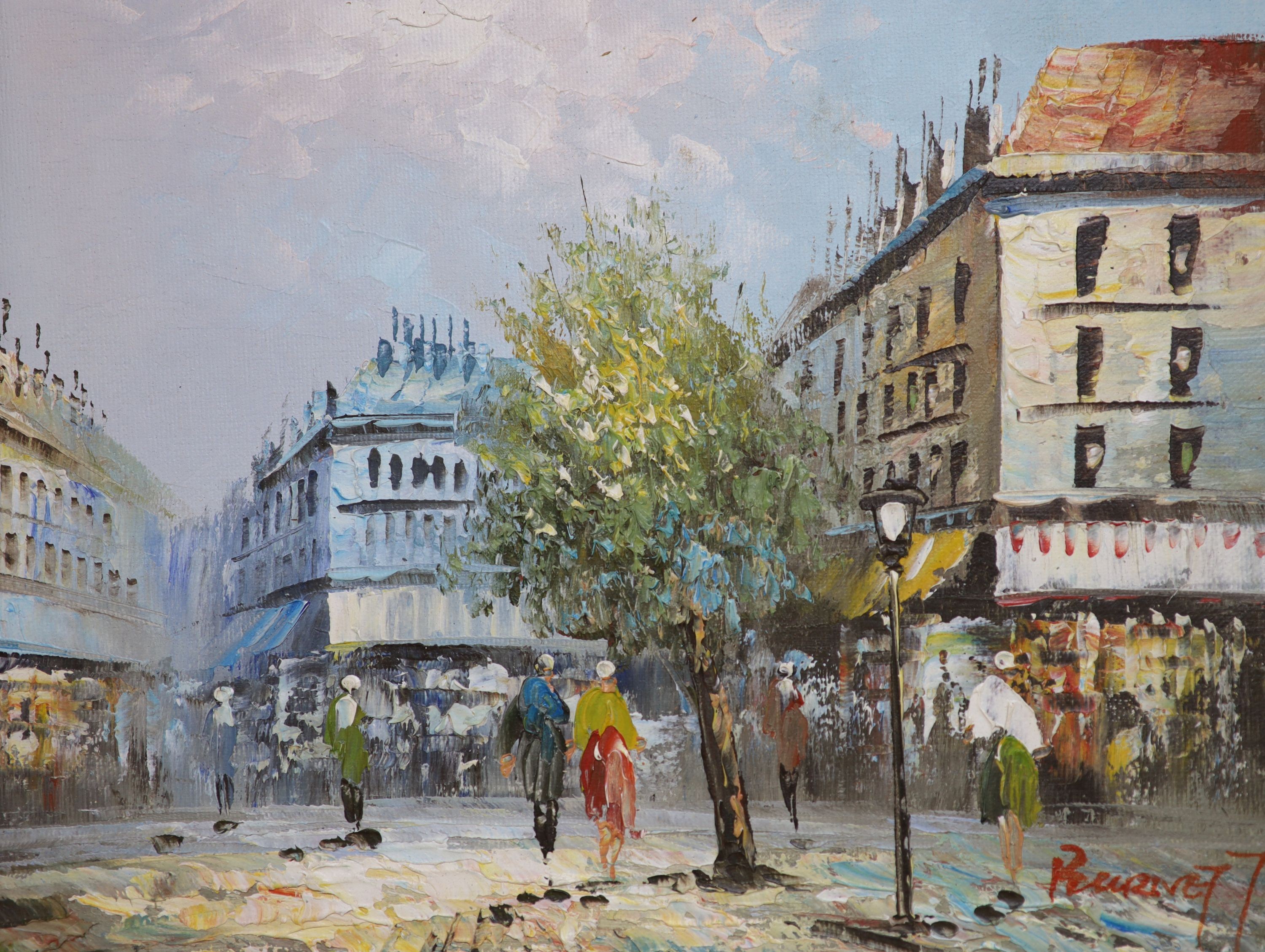 Burnett (Paris School), pair of oils on board, Street scenes, signed, 24 x 19cm and another similar street scene